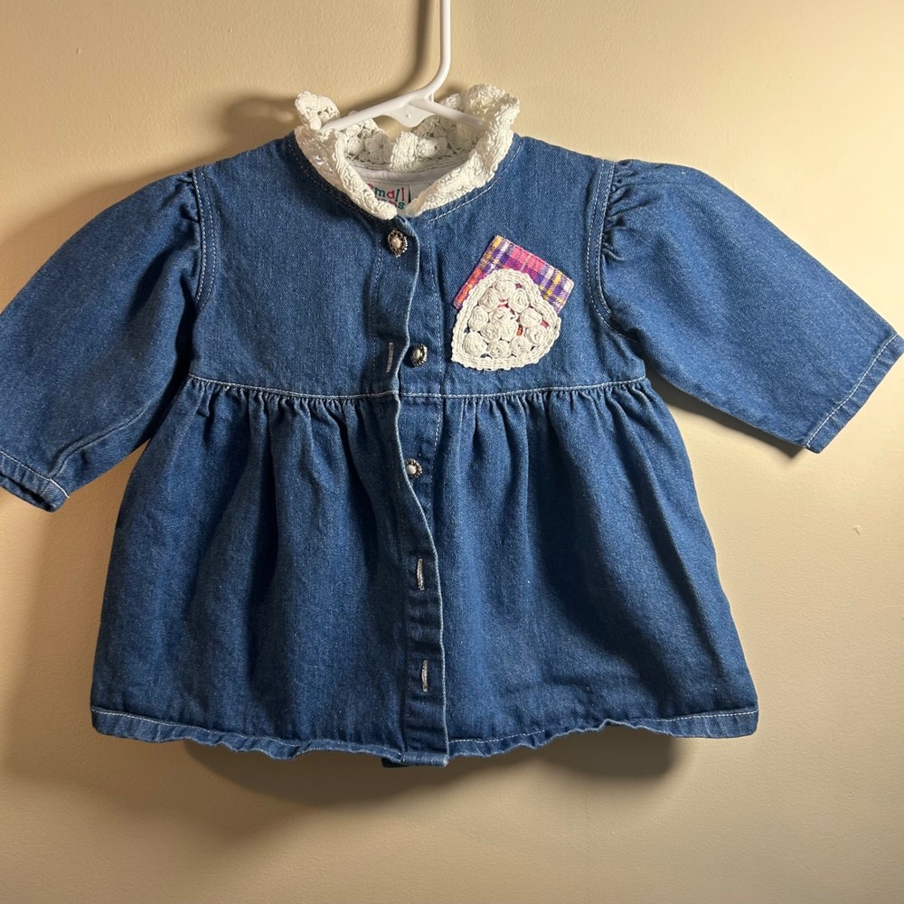 Vintage Small Steps Denim Dress Girls 18 Months Crochet Collar Ruffle 1980 Baby